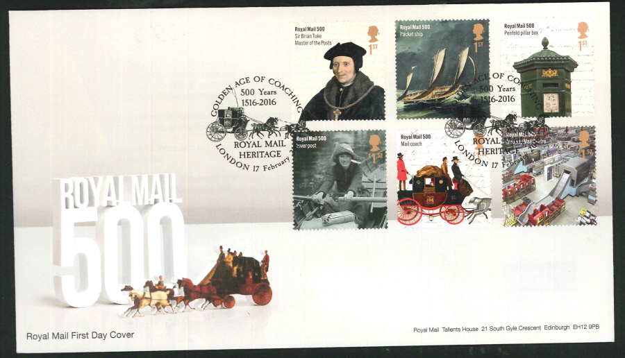 2016 - Royal Mail 500 Years First Day Cover Set - Royal Mail Heritage London Postmark